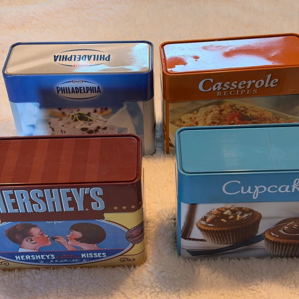 Vintage‎ Recipe Tin Lot Hershey Philadelphia Cupcakes Casserole w Recipe Cards